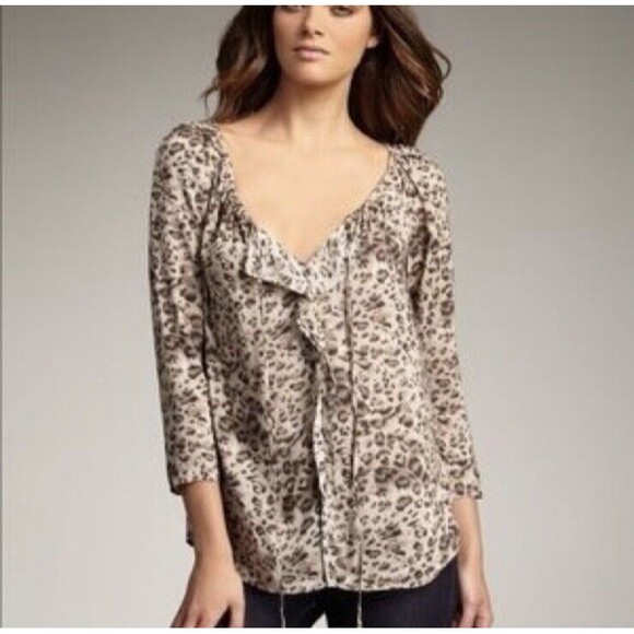 Rebecca Taylor Lightweight Top Blouse Leopard Ruffle Brown Beige Size 10 - Picture 1 of 6